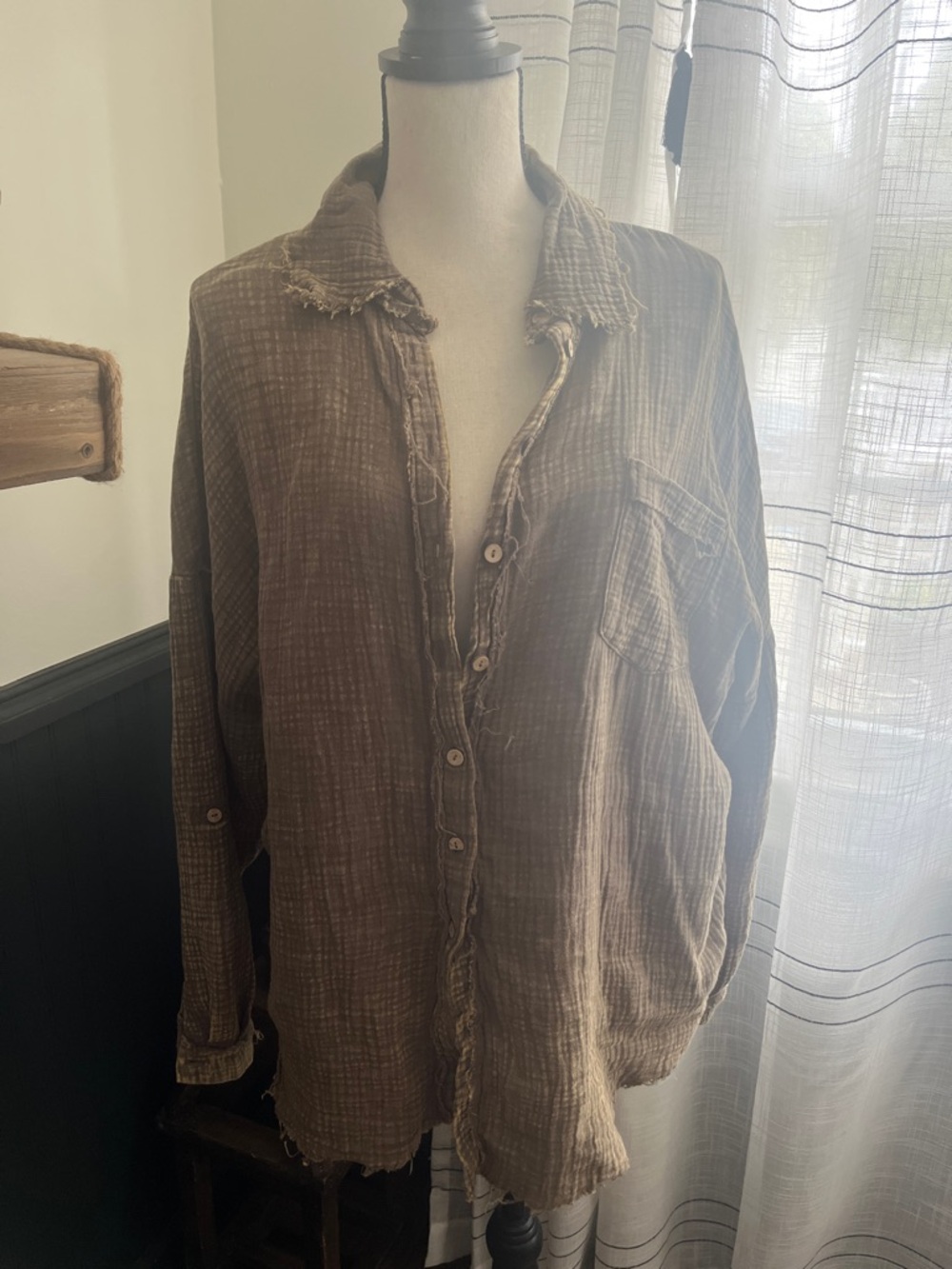 Zenana Outfitters Distressed Button-Down Shirt - Brown